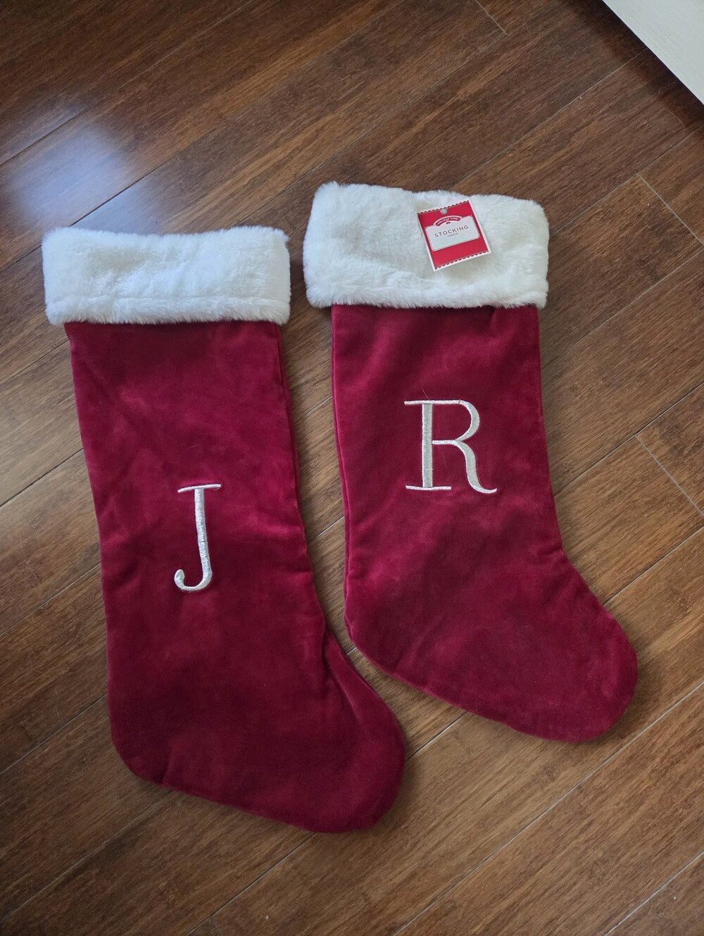 Holiday Time Red Velvet Monogram Christmas Stockings J & R